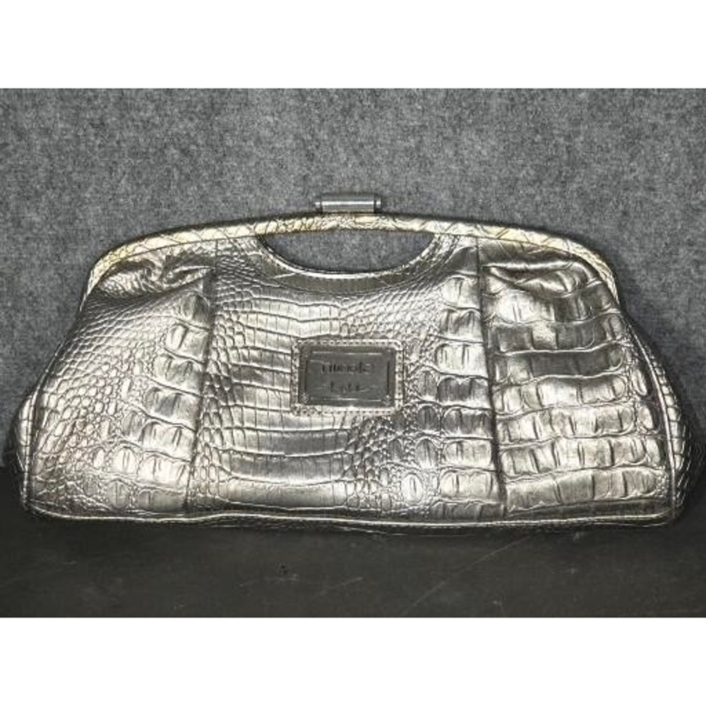 Nicole Miller Silver Crocodile Embossed Frame Clutch Bag Metallic Pewter Office‎